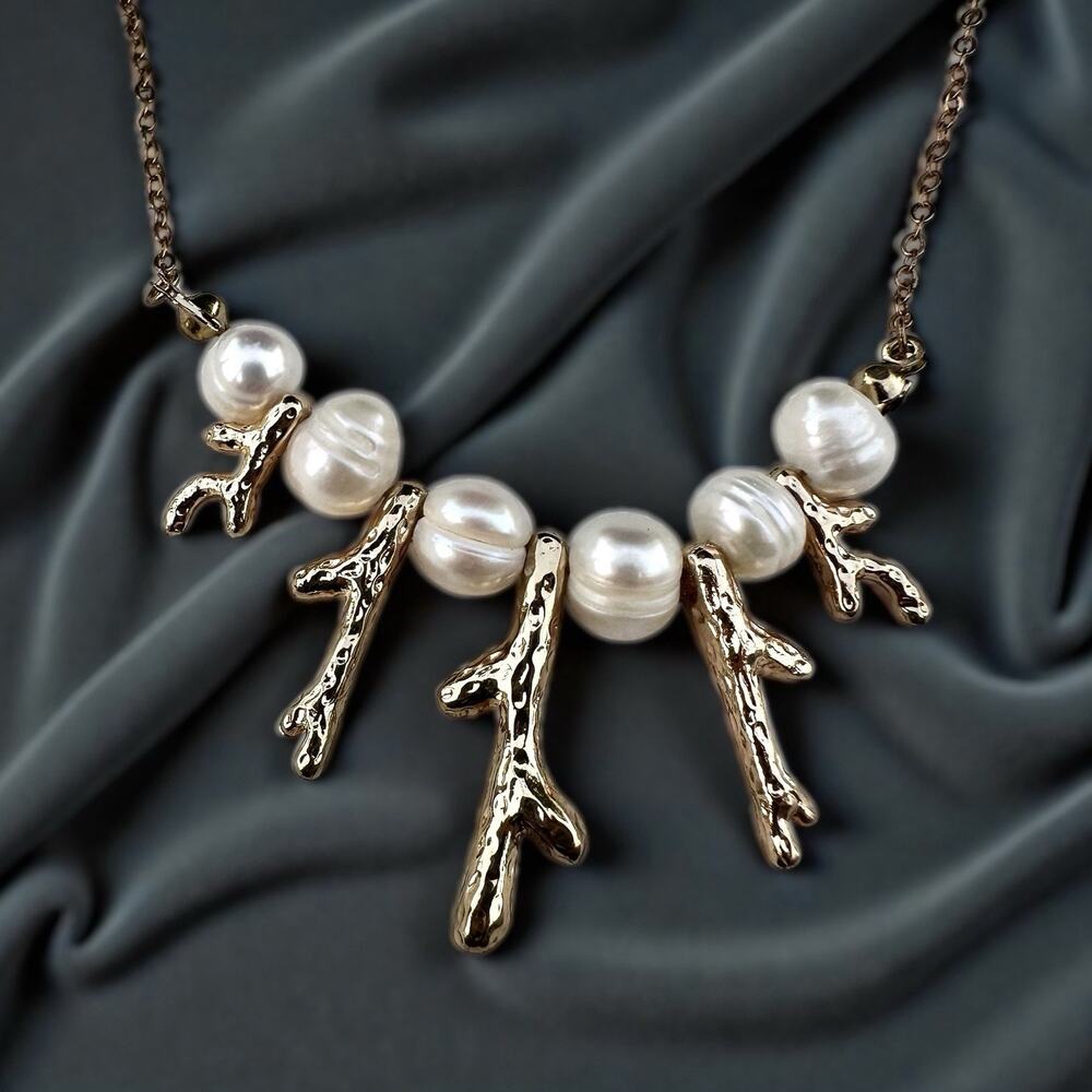 Gold Branch Coral Necklace Freshwater Pearls Statement Sculptural Pearl Organic